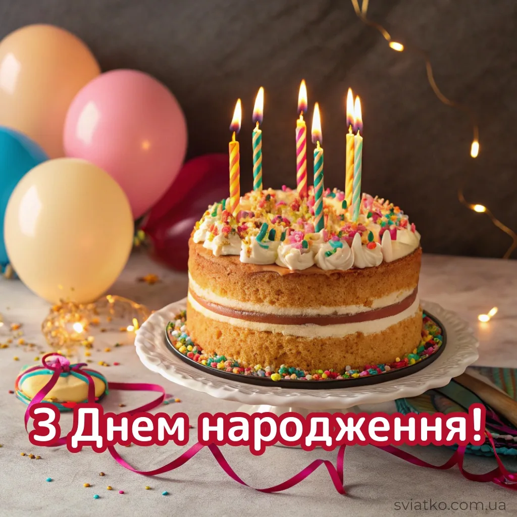 Універсальні привітання та листівки з Днем народження своїми словами торт зі свічками_sviatko_com_ua